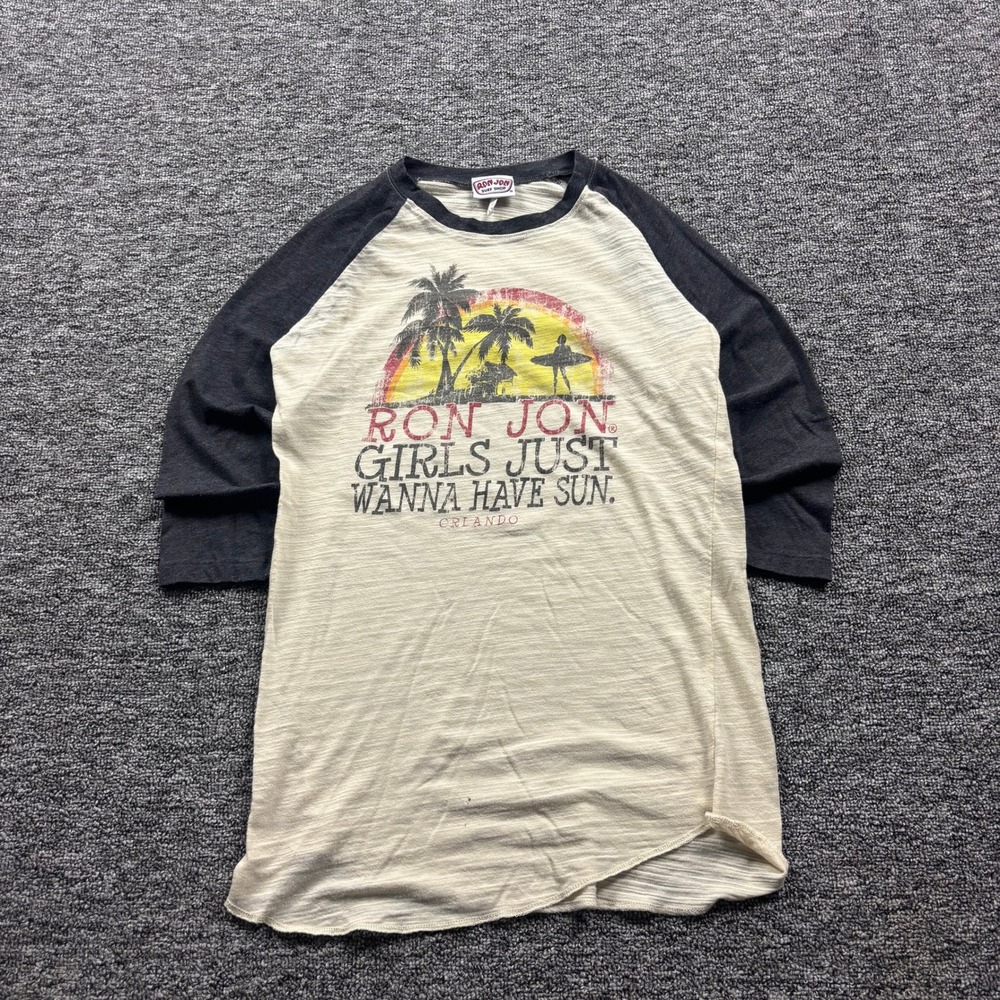 Y2K Ron Jon Surf Shop Made in USA Raglan Baseball Cream T-Shirt Size Small